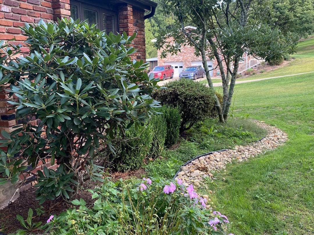 Lush garden featuring bushes, flowers, and a curved stone path by a brick house.