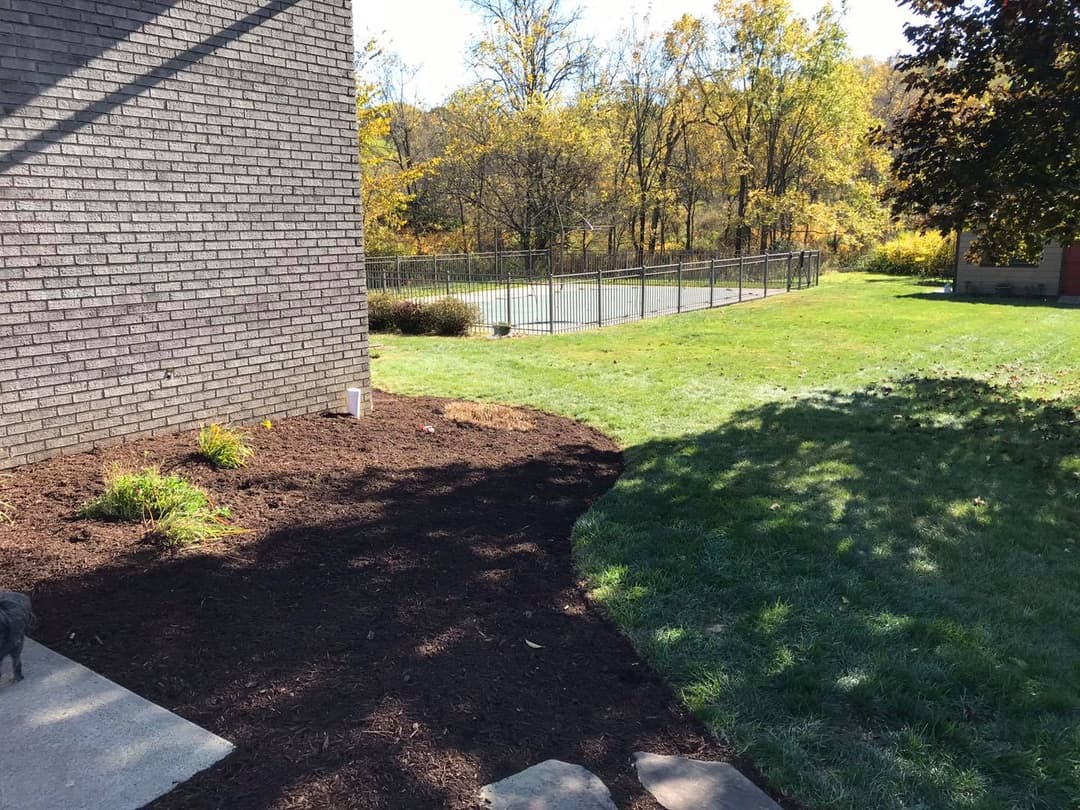 Side view of a landscaped yard with fall foliage and a fenced area, showcasing lush green grass.