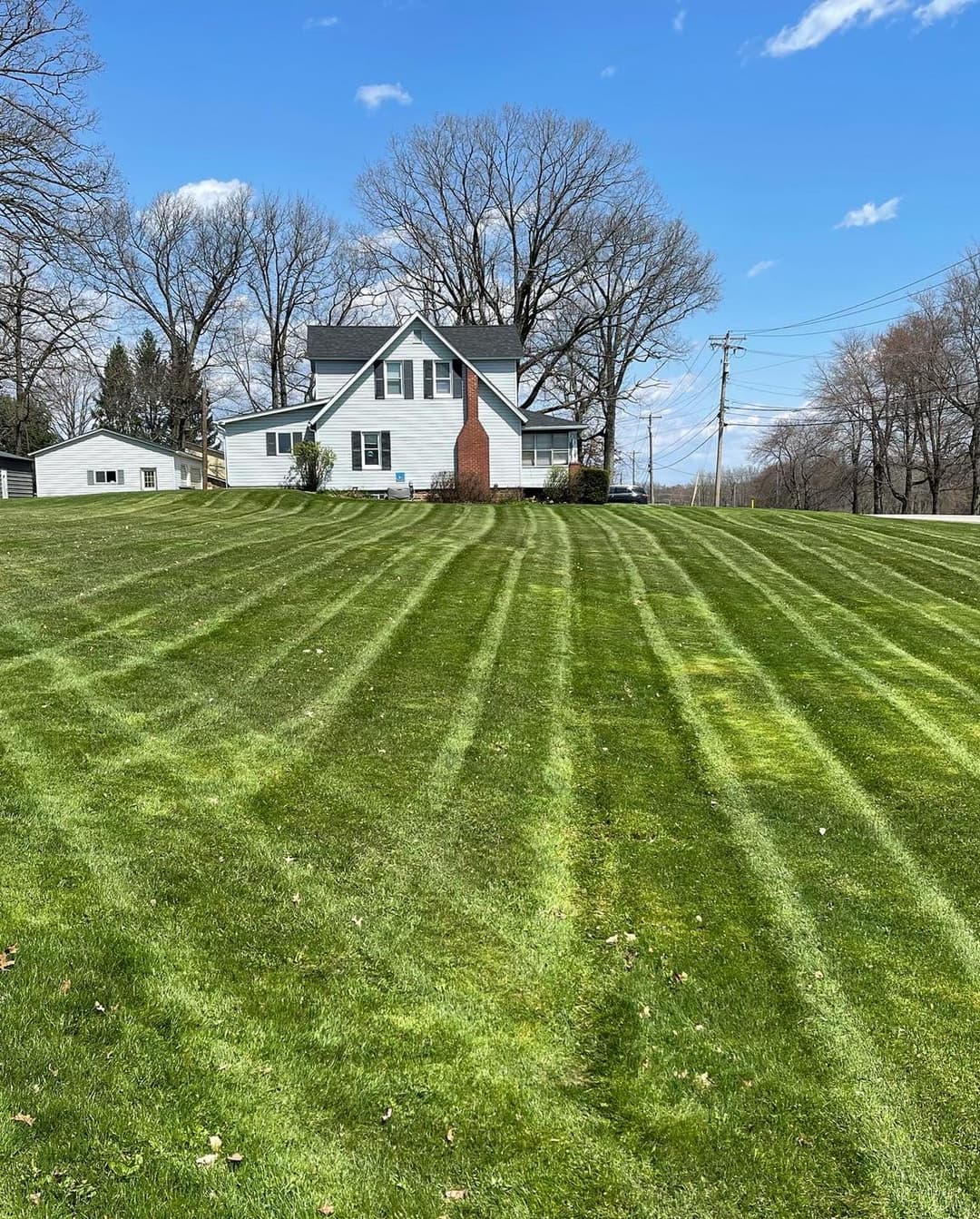 Lush green lawn with striped pattern leading to a charming house under a blue sky.