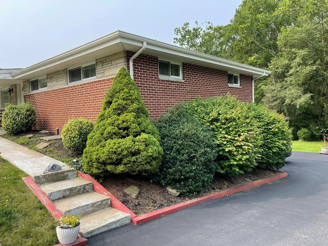 Brick house exterior with well-maintained shrubs and landscaped garden.