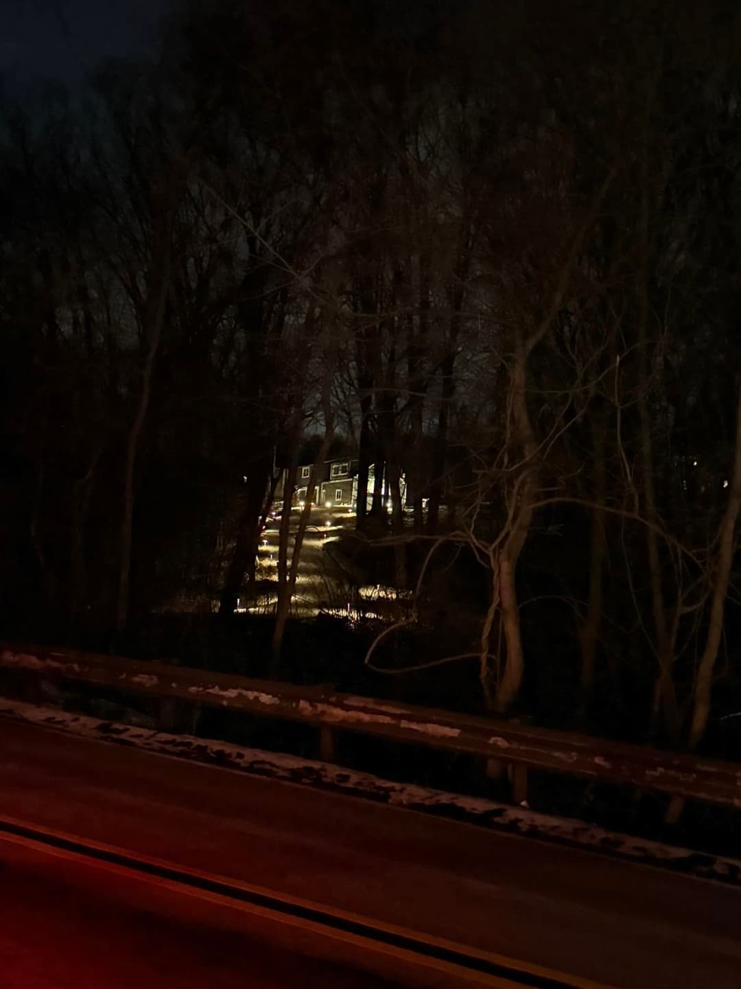 Illuminated house at night surrounded by trees, with a road in the foreground.