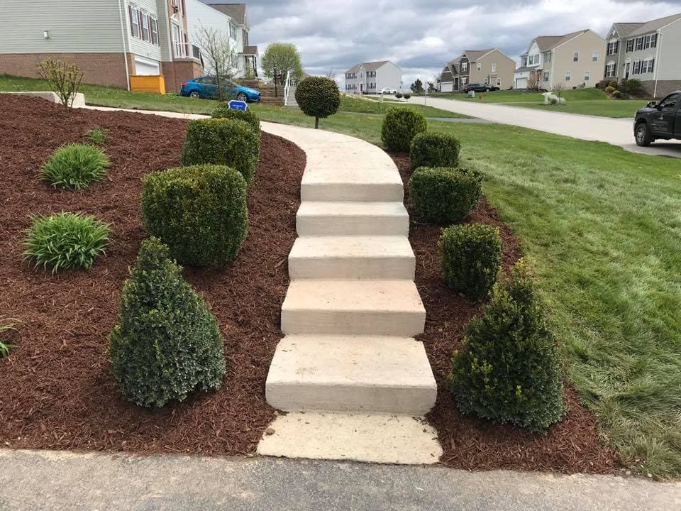 Stone pathway lined with shrubs leading to a suburban home, surrounded by mulch and grass.