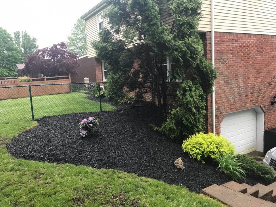 Lush green landscaping with black mulch, flowering plants, and a brick house backdrop.