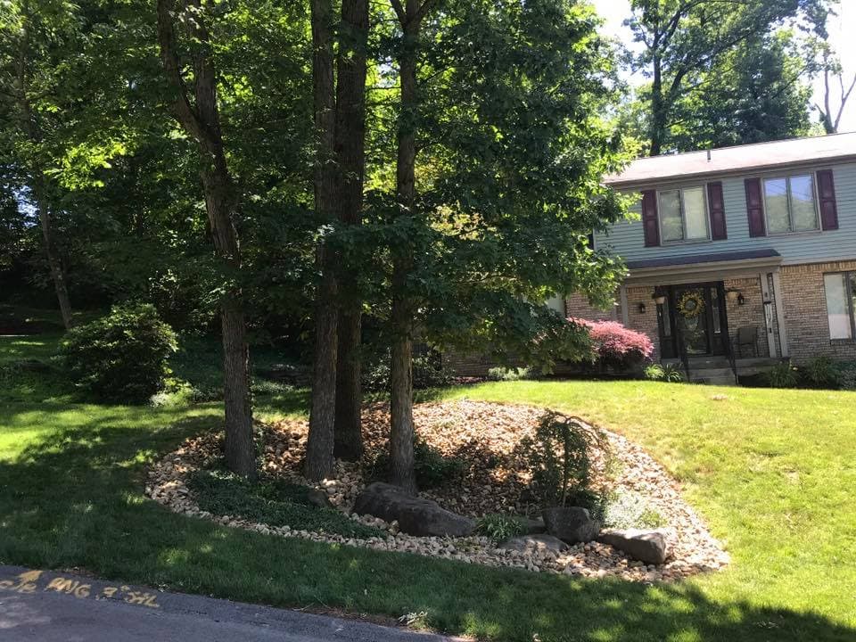 Front yard featuring manicured landscaping with trees, stones, and colorful shrubs.