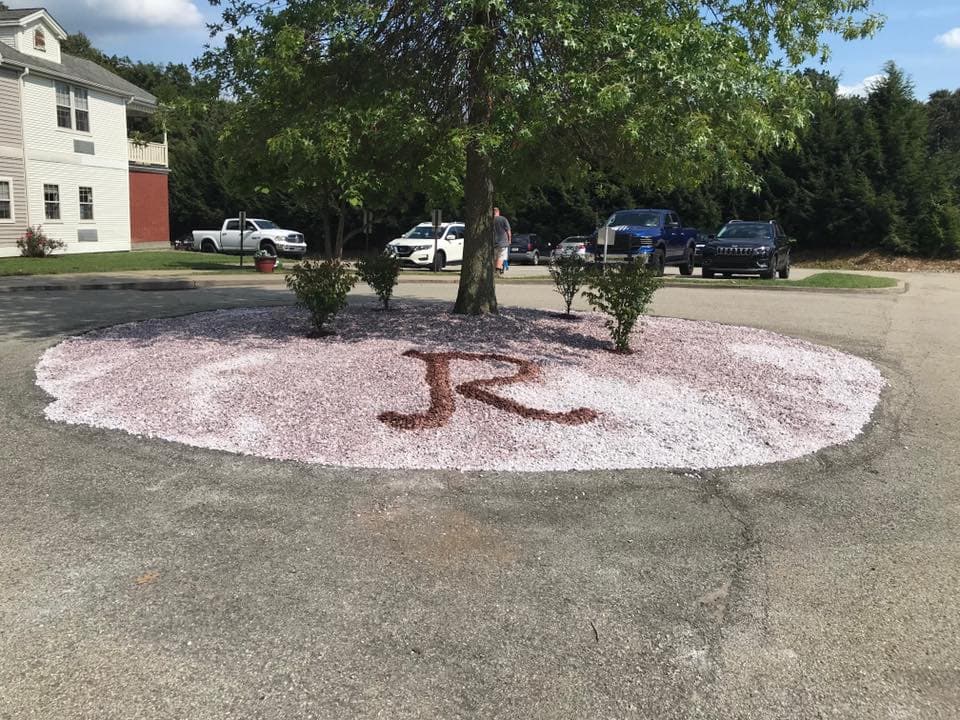 Decorative flower bed shaped like the letter "R" around a tree in a parking lot.