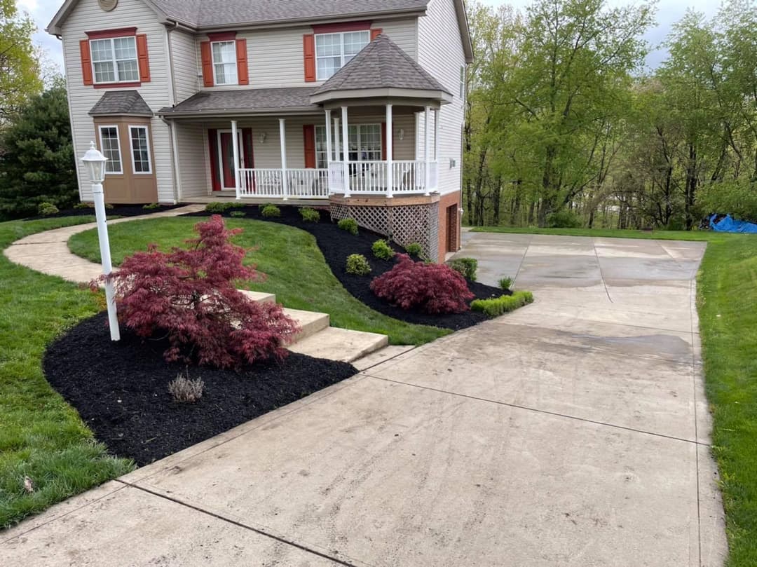 Charming house with landscaped yard, flowering shrubs, and a curved driveway.