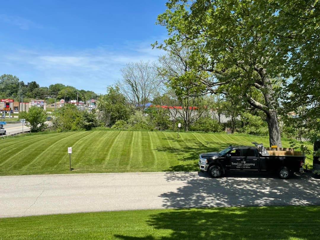 Well-manicured lawn with a landscaping truck parked on a sunny day.