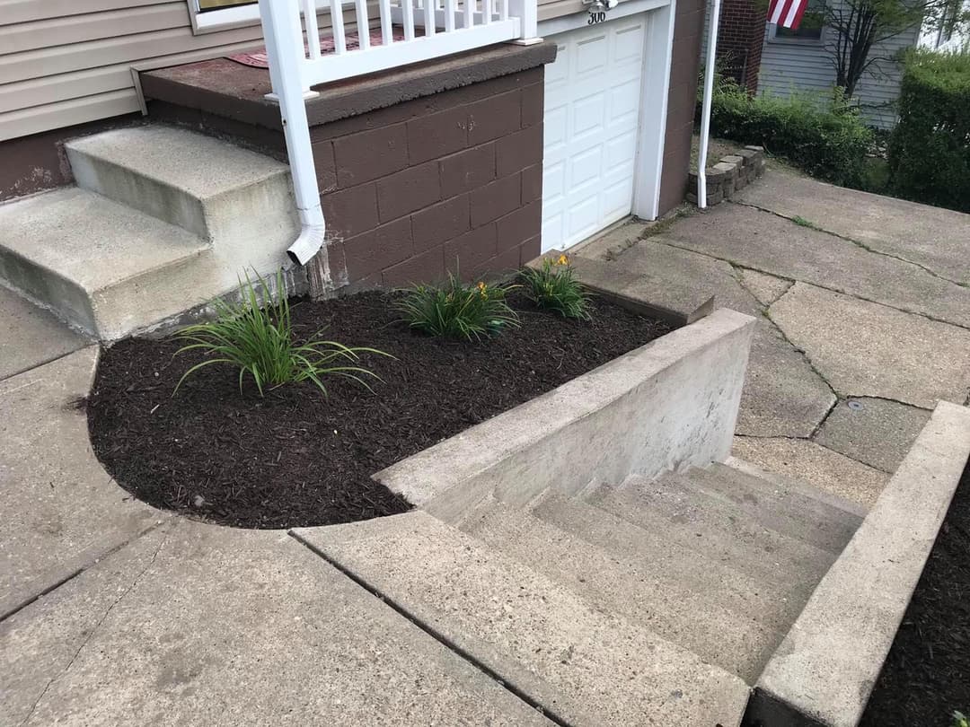 Concrete steps leading to a landscaped area with mulch and plants near a house entrance.
