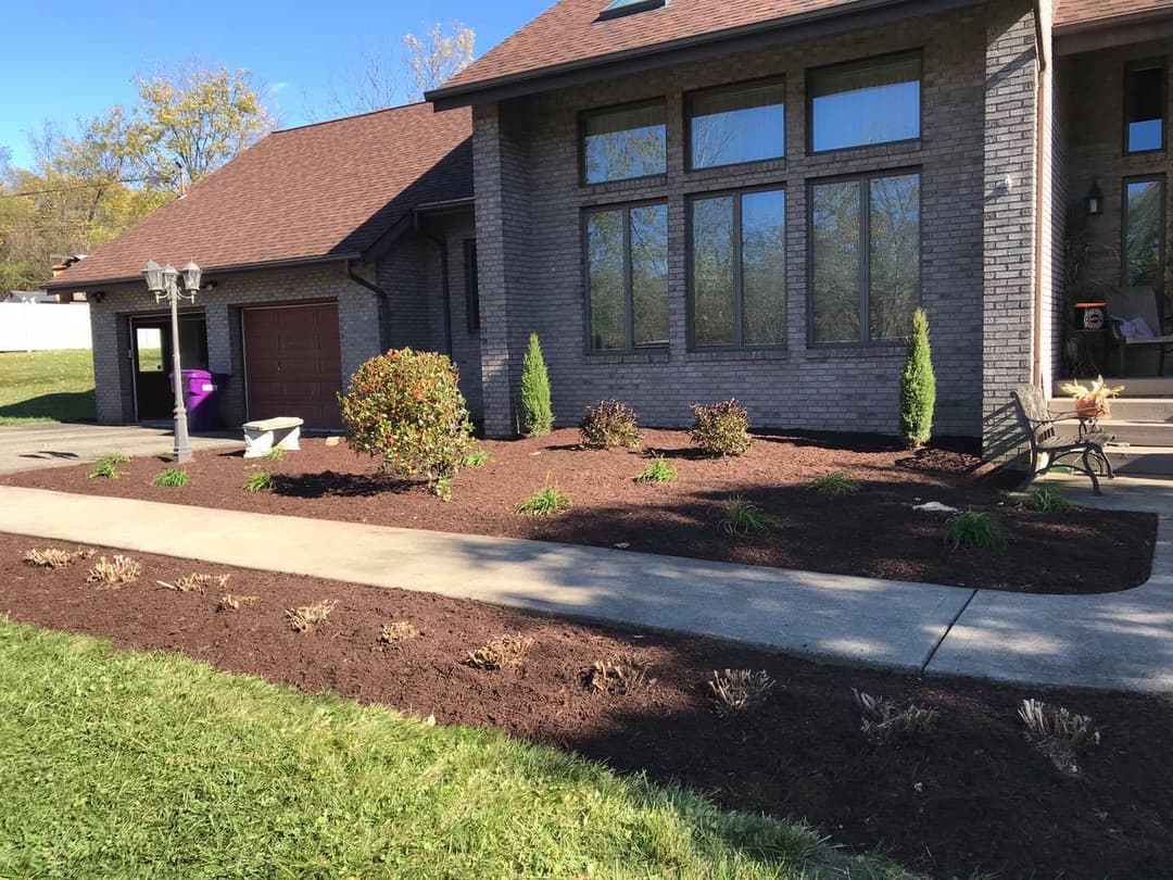 Landscaped front yard with mulch, shrubs, and a walkway leading to a modern brick house.