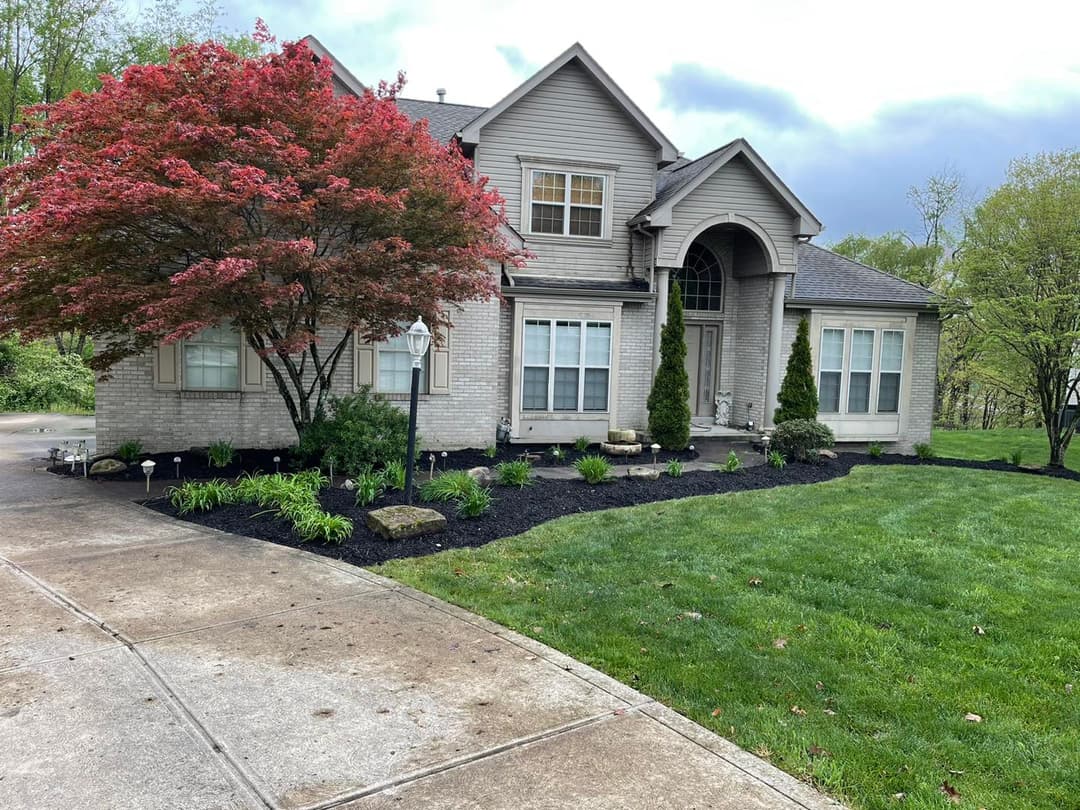 Beautiful suburban home with landscaped yard, blooming red tree, and a driveway.