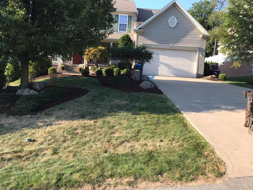 Well-maintained suburban home with landscaped yard and driveway. Green shrubs and trees visible.