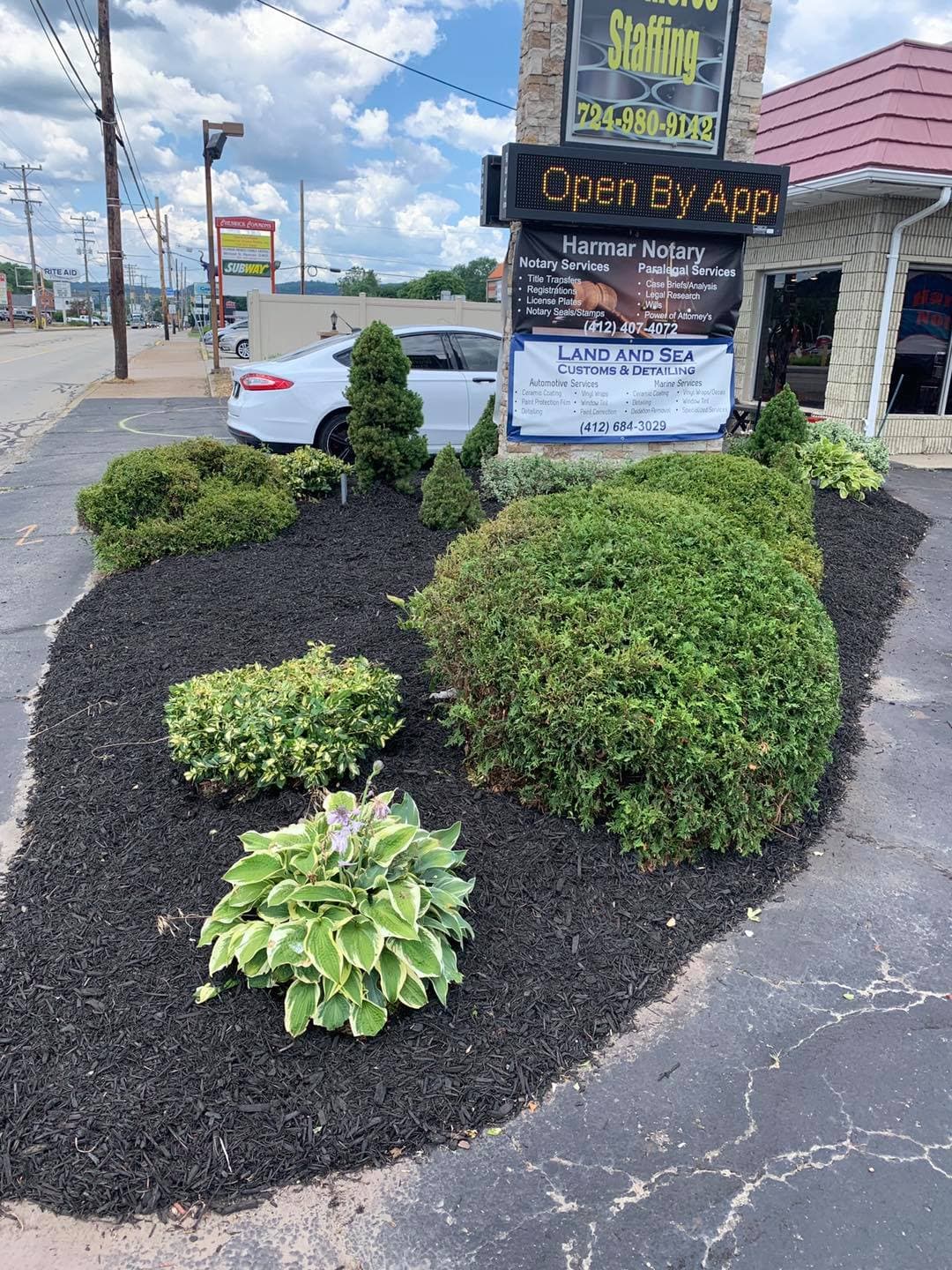 Landscaped area with shrubs and mulch near a business sign that reads "Open By Appointment."