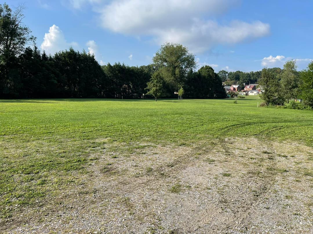 Expansive green field with trees and distant houses under a blue sky with clouds.