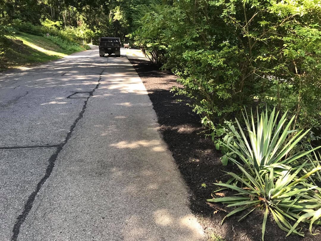 Truck on asphalt road beside landscaped area with black mulch and green plants.