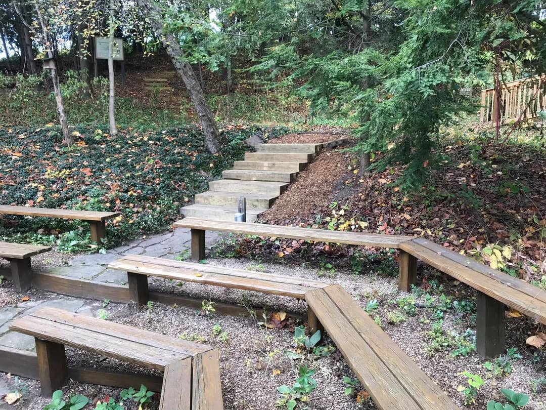 Outdoor amphitheater with wooden benches and stone steps surrounded by trees and foliage.
