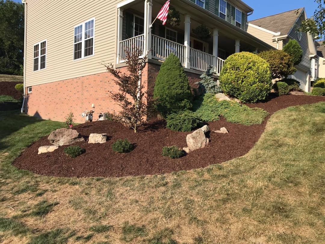 Landscaped front yard with shrubs, rocks, and mulch near a house with an American flag.