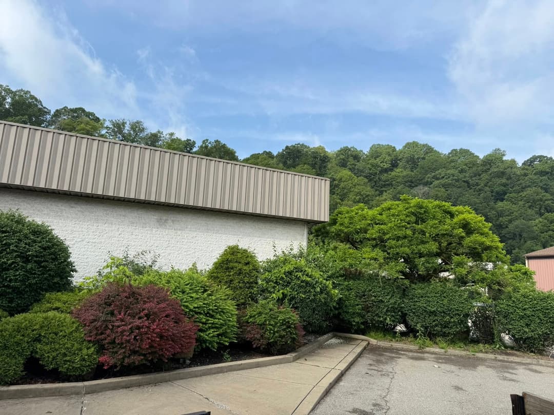 Commercial building surrounded by lush greenery and trees under a blue sky.