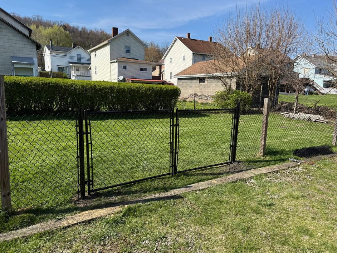 Black chain link fence with gate in a residential area, surrounded by green grass and houses.