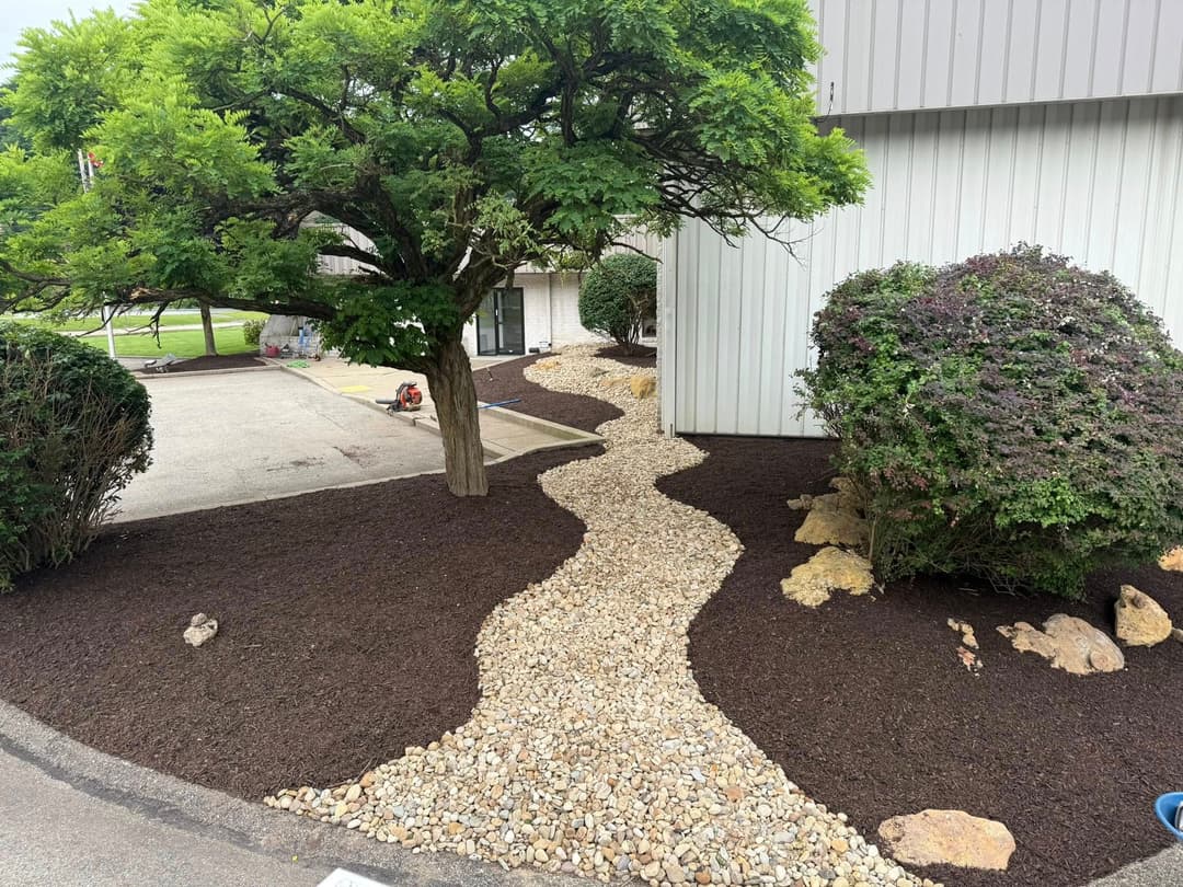 Garden path with decorative stones, mulch, trees, and shrubs outside a building.